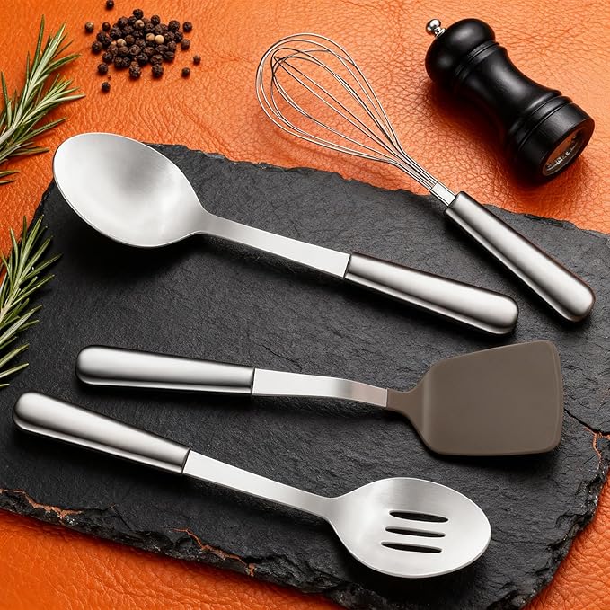 Stainless Steel Cooking Utensils Set, 4-piece Kitchen Utensil Set with Stainless Steel Handles, Dishwasher Safe, Non-Stick and Heat Resistant, Whisk, Spoons, Spatula for Cooking -JJ02629