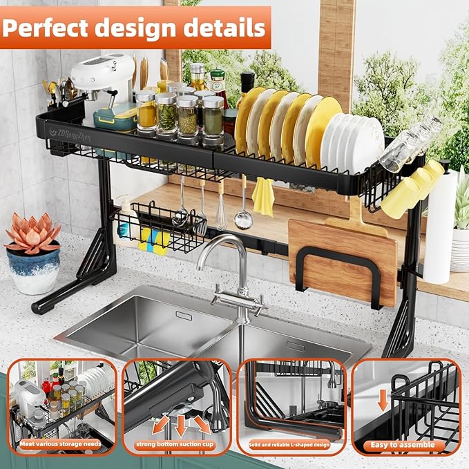 ZDRongZhen Over The Sink Dish Drying Rack,2 Tier Full 304 Stainless Steel Dish Drainer Rack,Adjustable Length (22.8''~35.04'') Kitchen Storage Counter with Cup Hanging Set and Hooks (Black-2Tier)