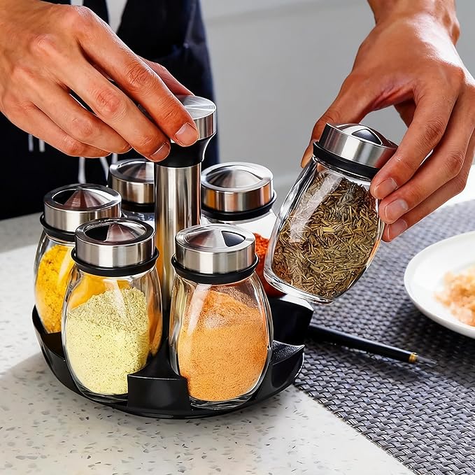 360° Rotating Spice Rack, 6PC Spinning Glass Spice Jars Suitable for kitchen countertops, spice storage, cooking, outdoor BBQ,(Spices Not Included)