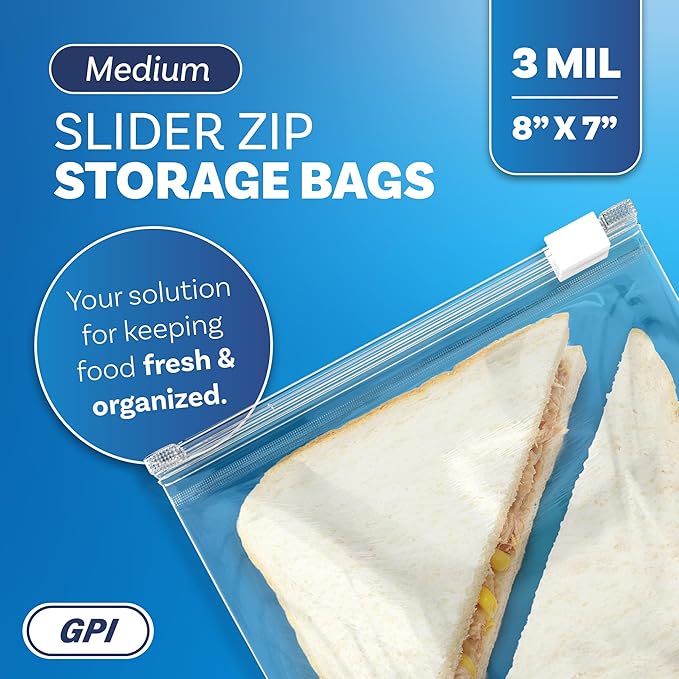 100 Count - Slider Zip Quart Food Storage Bags, 8" x 7" 3 Mil Heavy Duty, Strong & Durable For Freezer Storage, For Sandwiches, Snacks & More. GPI