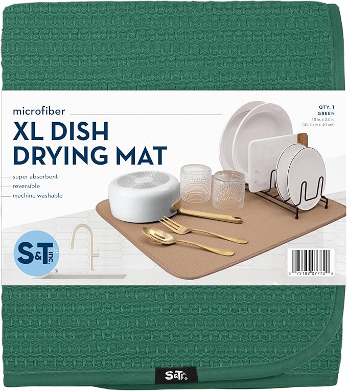 S&T INC. Dish Drying Mat XL, 18” x 24”, Absorbent Microfiber Kitchen Counter Mat, Drying Pad for Dishes, Utensils, Pots and Pans, Extra Large, Diamond Texture, Emerald Green