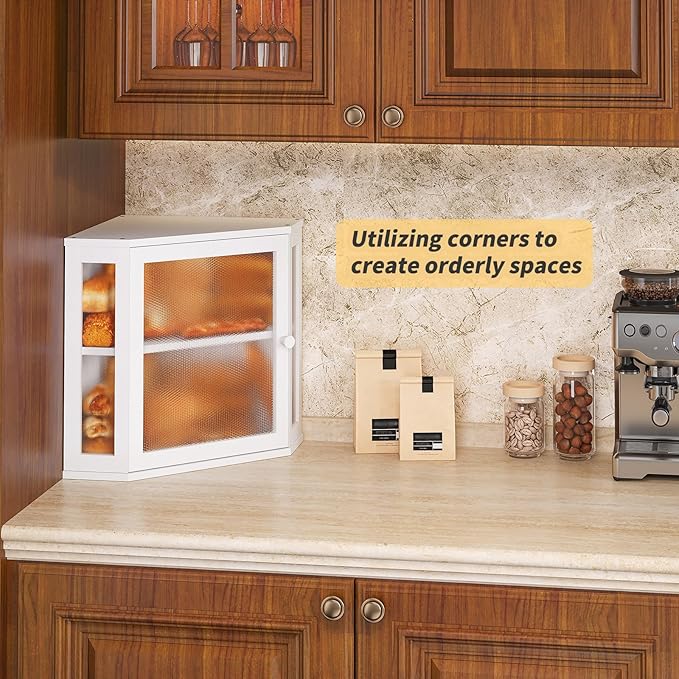 Corner Bread Box for Kitchen Countertop,Bread Storage for Homemade Bread, Double Layer Large Bamboo Kitchen Storage Bin with Window (White, Medium)
