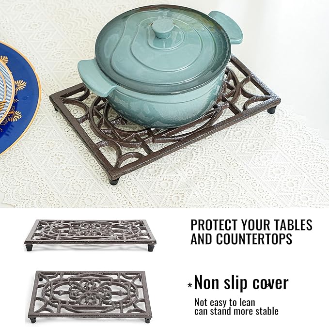 Sungmor Rectangle Cast Iron Trivets, Metal Trivet for Hot Pots and Pans, Heavy Duty Rustic Wood Stove Tea Pot Trivet, Decorative Hot Pot Holder for Kitchen Counter and Dining Table, Vintage Pattern