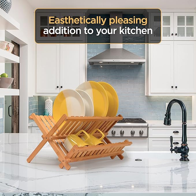 Dish Drying Rack - Bamboo Dish Rack for Kitchen Counter, Collapsible 2-Tier Wooden Drying Rack for Dishes, Plates, Cups, Utensils - Foldable Dish Drainer, Space-Saving Kitchen Drying Rack Organizer
