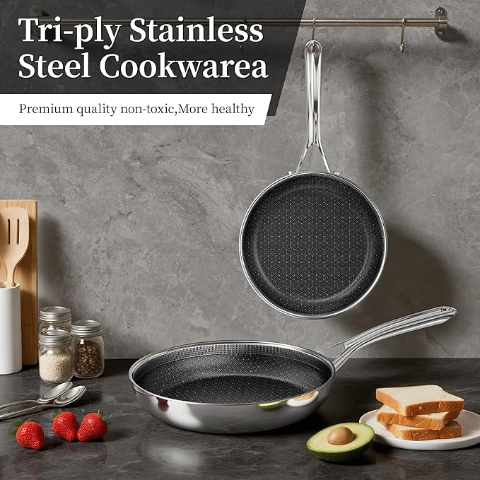 Non Stick Frying Pan 11 Inch,Stainless Steel Ceramic Skillet,Nonstick Cooking Pan,PFAS PFOA PTFE Free&Non Toxic,Induction Compatible-Gas&Electric Stovetops,Oven&Dishwasher Safe, Chef's Pan