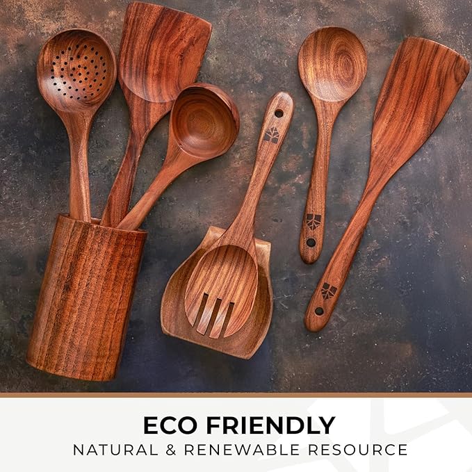 Wooden Utensil Set 8 Pcs – Sturdy & Easy to Clean, Natural Teak Wooden Spoons for Cooking – Non-Scratch Cooking Utensils with Spatula, Turner, Ladle, Spoons, Holder, Spoon Rest, 6 Hooks Kitchen Gifts