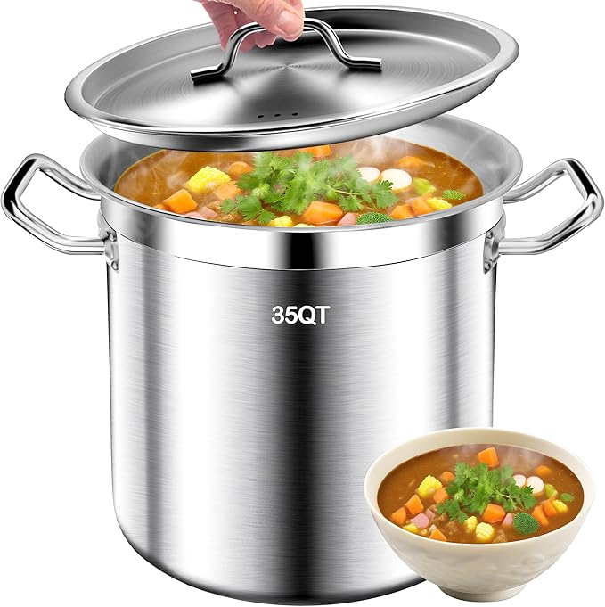 35Qt Brushed Stainless Steel Stock Pot With Lid - Large Stock Pot - Heavy Duty Induction Commercial Grade Stockpots for Soup, Stew, Oven, Gas, Ceramic, and Dishwasher Safe