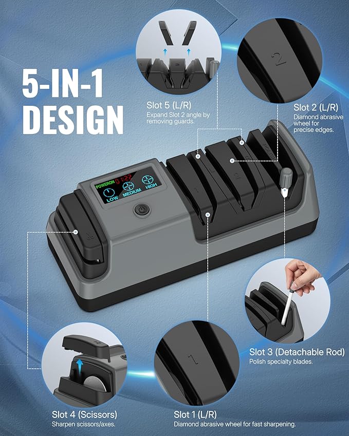 Electric Knife Sharpener, 5-in-1, 3 Rotational Speed Adjustable Electric Knife Sharpener for Straight/Serrated/Ceramic Knives, Scissors, Chef Knives, Axes, Grey H01KS06