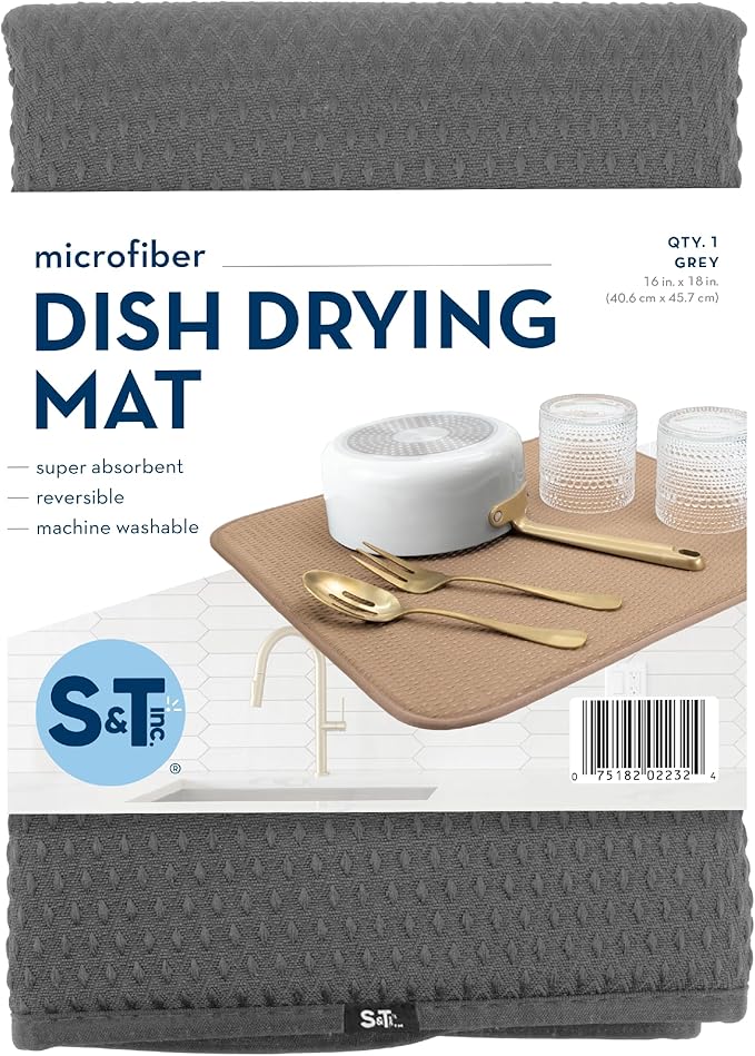 S&T INC. Dish Drying Mat, 16” x 18”, Absorbent Microfiber Kitchen Counter Mat, Drying Pad for Dishes, Utensils, Pots and Pans, Large, Diamond Texture, Grey