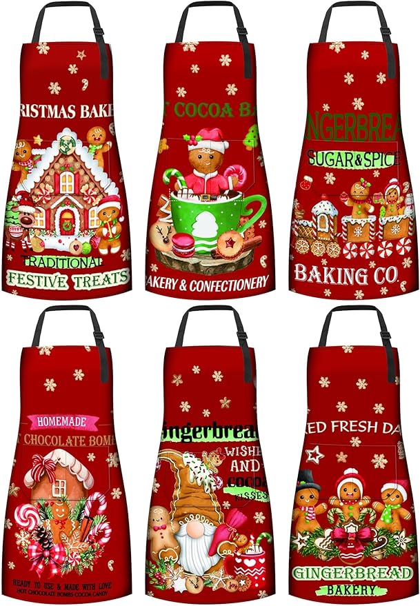 6 Pcs Christmas Aprons for Women Xmas Tree Aprons with Pockets Vintage Adjustable Baking Supplies for Adults