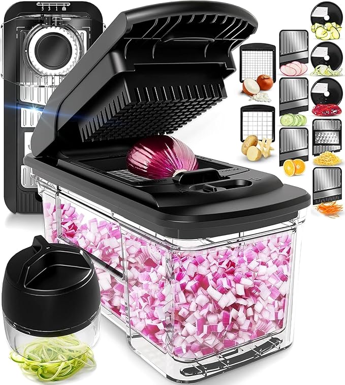 Fullstar All-in-1 Vegetable Chopper and Mandoline Slicer for Kitchen - Cheese Grater, French Fry Cutter, Cheese Slicer - Bonus Handheld Spiralizer Included (6 in 1, Stainless Steel)