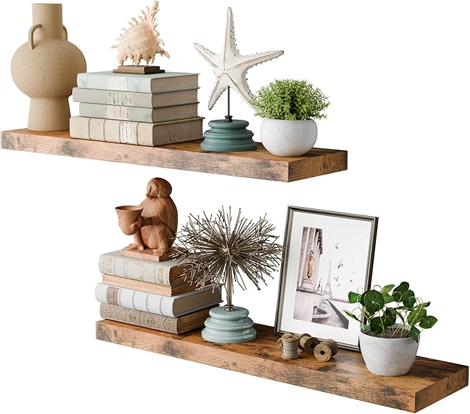 30 Inch Floating Shelves for Wall, 8" Deep Floating Shelf Wall Mounted Set of 2, Rustic Brown Wall Shelf with Invisible Bracket, Hanging Shelf for Bathroom, Bedroom, Office, Living Room Decor