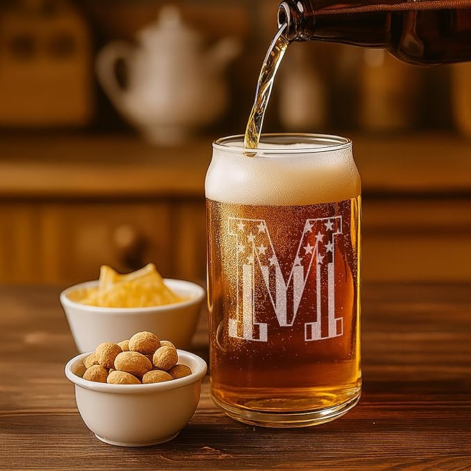 Monogram Beer Glasses for Men (A-Z) 16 oz - Beer Gifts for Men Brother Son Dad Neighbor - Unique Gifts for Him - Personalized Drinking Gift Beer Glass Mugs - Engraved Beer Can Glass (M)