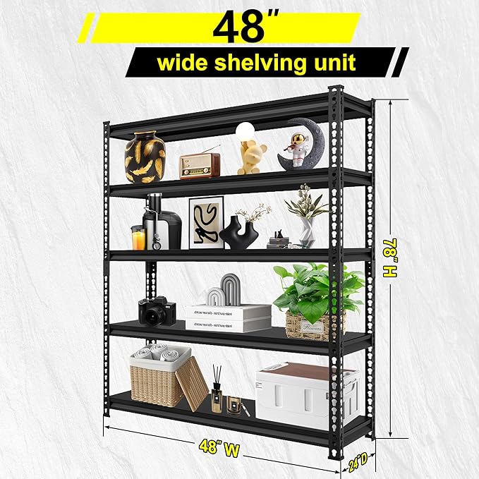 Utility Garage Shelves Heavy Duty - 48''W 3,000Lbs Steel Metal Industrial Storage Shelving Rack Units Adjustable 48" W x 24" D x 78" H 5 Tier Black