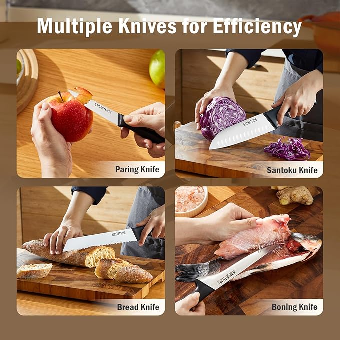 KINGSTONE 14-Piece Knife Block Set, High-Carbon Stainless Steel Knives with Ergonomic Non-Slip Handles, Ultra Sharp & Dishwasher Safe, Natural