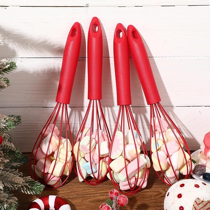 Domensi 12 Pcs 10 Inch Red Silicone Whisk Non Scratch Balloon Wire Whisk for Cooking Manual Egg Beater Milk Coffee Frother, Baking Gifts Cooking Supplies for Christmas Gift Party Stocking Stuffers