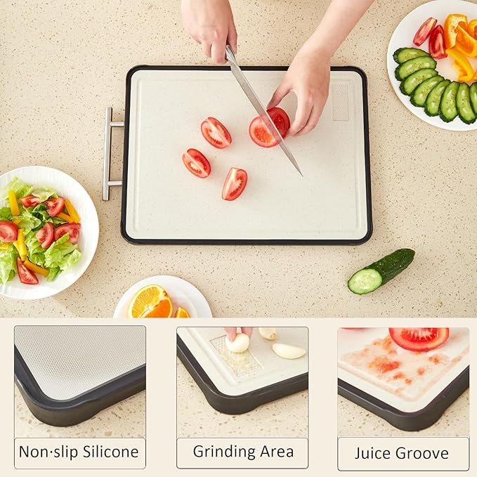 AceFly Stainless Steel Cutting Board, Dishwasher Safe Double Sided 316 Stainless Steel & Wheat Straw Cutting Board for Meat, Scratch Resistant & Non Toxic Chopping Board,Large Size 16" X 11"