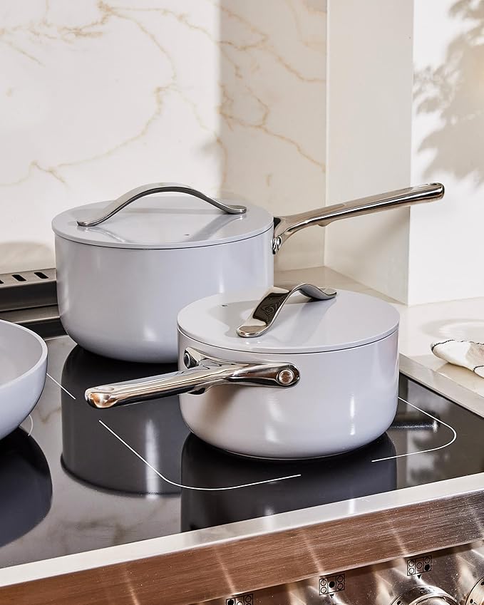 Caraway Nonstick Ceramic Sauce Pan with Lid (1.75 qt) - Non Toxic, PTFE & PFOA Free - Oven Safe & Compatible with All Stovetops (Gas, Electric & Induction) - Gray