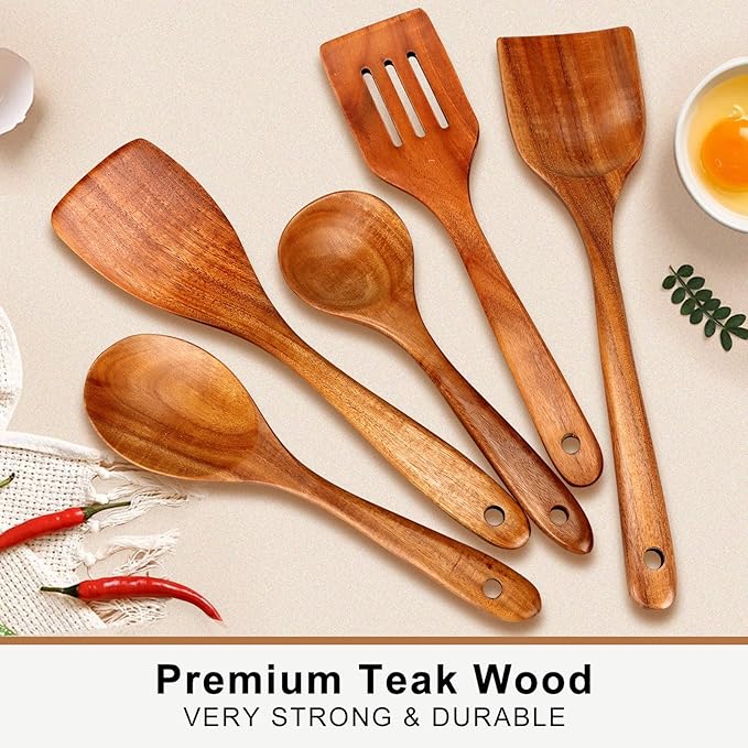 Wooden Kitchen Utensils Set 5 Piece Teak Wood - Non Scratch & Non Toxic Cooking Tools with Turner, Slotted Spatula, Angled Spatula, Serving Spoon, Salad Spoons