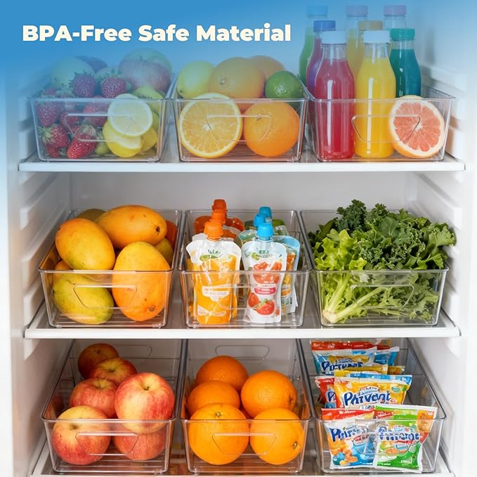 Stackable 4 Pack Pantry Storage Organizer Bins, Clear Plastic with 3 Removable Dividers, for Fridge, Snack, Organizer – BPA Free Perfect in Kitchen, Refrigerator
