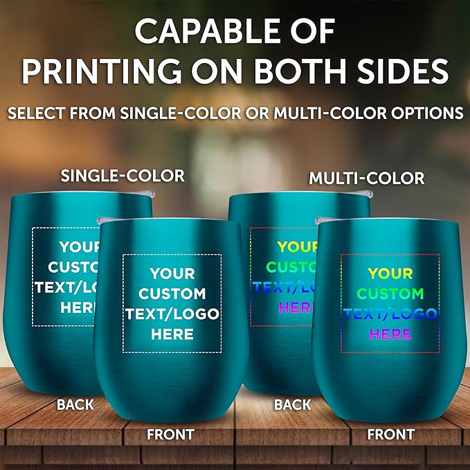 Custom Stemless Wine Glass Tumblers with Lids by Largo 11 oz. Set of 12, Personalized Bulk Pack - Perfect for Wine, Cocktails, Other Hot & Cold Beverages - Teal