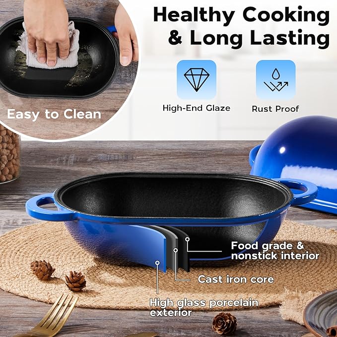 Onader 2.8QT Enameled Cast Iron Dutch Oven, Dutch Oven Pot with Lid for Sourdough Bread Baking, Oval Meatloaf Pan, Heavy Duty - Blue