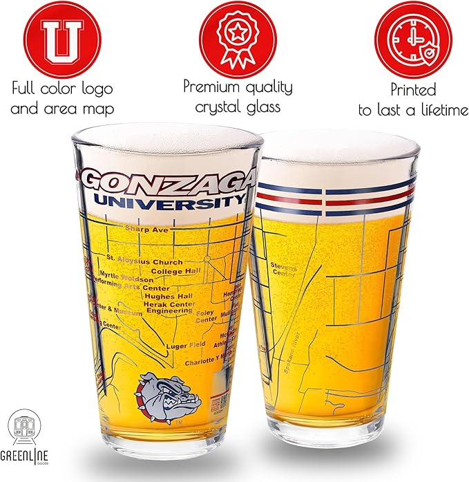 Greenline Goods – University of Gonzaga Bulldogs College Pint Beer Glasses (Set of 2), 16 oz – Full-Color Logo + Campus Map