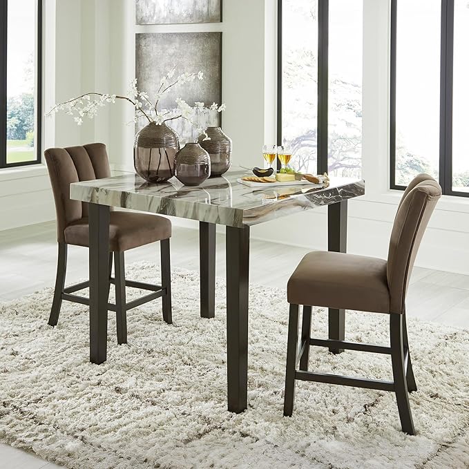 Signature Design by Ashley Jazmore Contemporary Velvet Upholstered Counter Height Bar Stool with Footrest and Adjustable Levelers, Set of 2, Dark Brown & Black