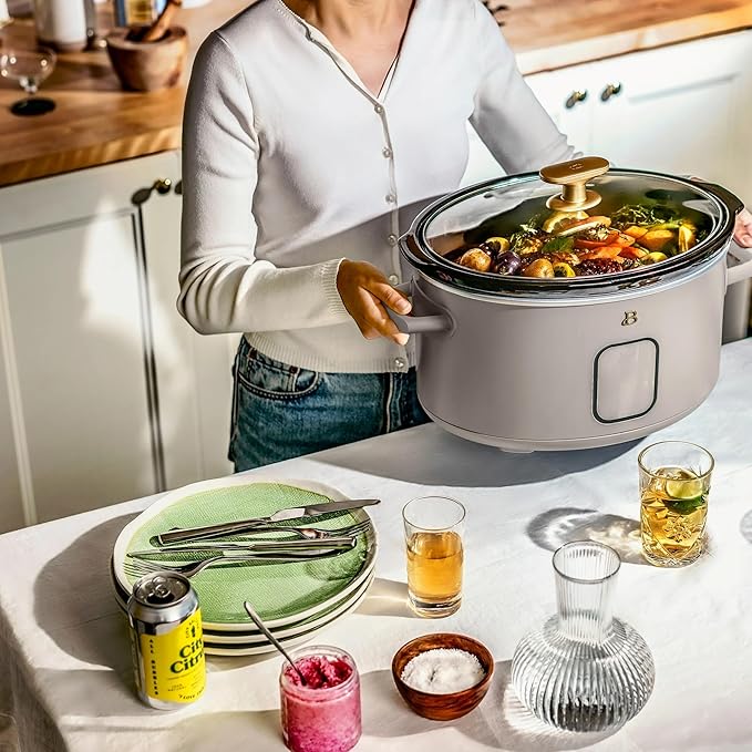 Beautiful 6 Qt Programmable Slow Cooker with Touch Control, Digital Timer and Keep Warm Function – Large Electric pot Capacity Kitchen Appliance by Drew-Barrymore (Porcini Taupe)
