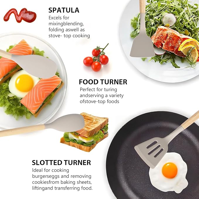 Silicone Cooking Utensil Set,12 PCS Cooking Cookware Kitchen Utensils Set, Nonstick 446°F Heat-Resistant Cookware Kitchen Tools of Spatula,Turner Tongs,Spoon,Brush,Whisk,(khaki)