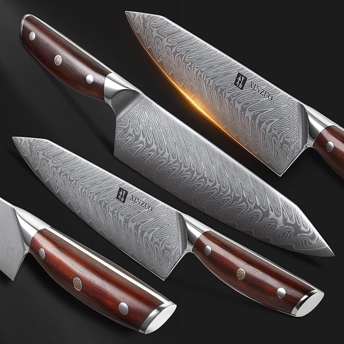 XINZUO 5 Pcs Knife Set, Professional Super Damscus Steel Kitchen Knife Set, Ultra Sharp Blade, Natural Rose Handle, Chef Gift Box-Yi Series