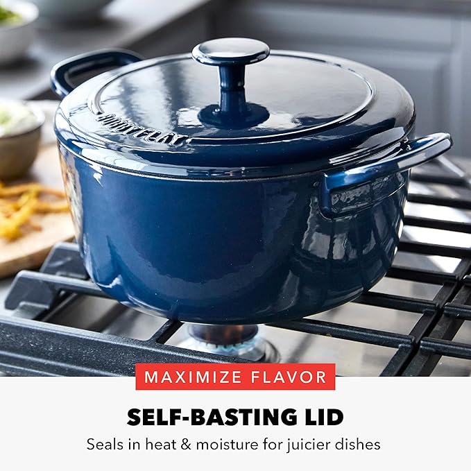 GreenPan x Bobby Flay 5.5QT Enameled Cast Iron Round Dutch Oven with Lid, Dual Handles, Oven Safe to 500F & Induction Suitable, Self Basting Lid, Ultra-Durable, Sear, Braising, Bread, Stews, Cobalt