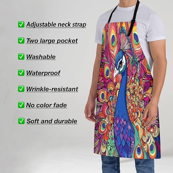 Exquisite Peacock Apron for Women, 28x33in, Kitchen Chef Aprons with 2 Pockets, Polyester, Colorful Peacock Apron for Cooking BBQ Baking Gardening Chef, Gifts for Mom Wife Dad