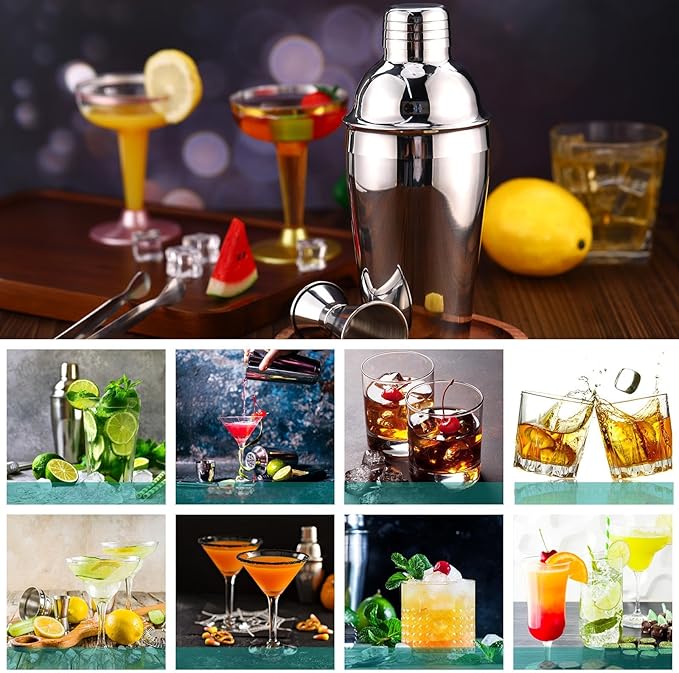 Umigy Cocktail Shaker Set Martini Shaker Bulk Stainless Steel Martini Mixer with Strainer and Double Measuring Jigger for Bar Party Home Use Wine Bar Tool (18 Oz/ 550 ml,2 Packs)