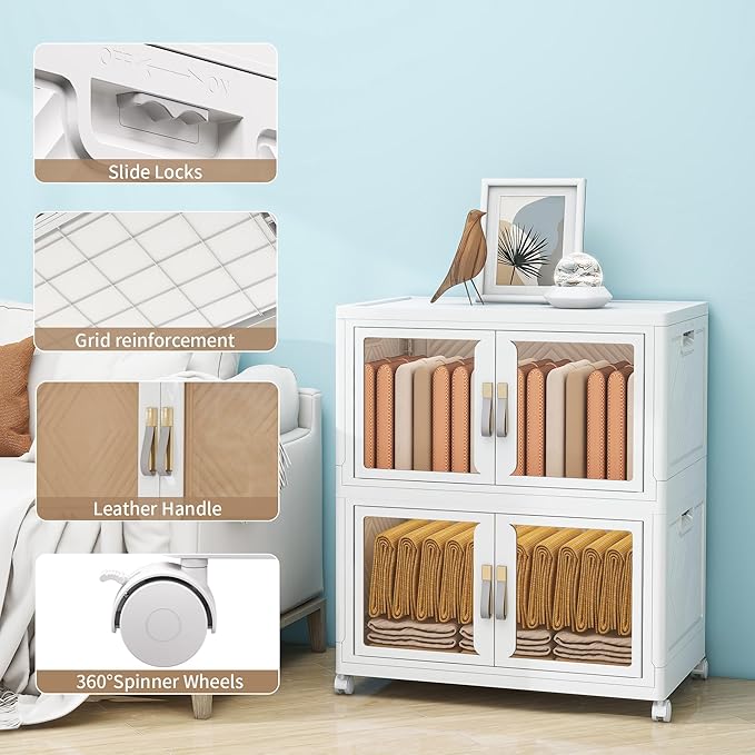 Large Stackable Storage Bins with 2 Lids, 690QT-115QT*6Pack Foldable Cabinet for Closet Organizers, Plastic Storage Containers Box with Wheels
