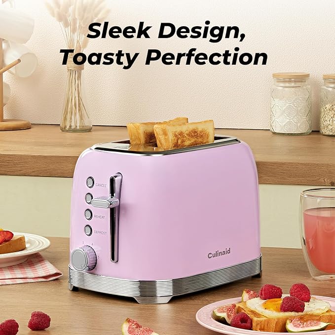 Toaster 2 Slice Retro Stainless Steel with 1.5” Extra Wide Slots Bagel, Defrost, Reheat, Cancel Functions, 6 Bread Shade Settings, Removable Crumb Tray, Pastel Pink