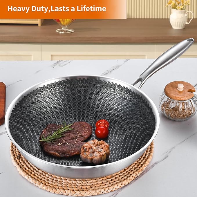 DELARLO 12" Nonstick Wok Pan With Lid, Tri-Ply Stainless Steel Saute Pan with Lids, 600℉, 5QT Deep Frying pan, Induction Wok Nonstick,Woks & Stir-Fry Pans