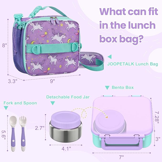 Bento Lunch Box Set for Kids with 9oz Soup Thermo, Insulated Lunch Bag,Leak-proof BPA-free Lunch Food Container with 3-4 Conpartments for School Travel-Pur-blue