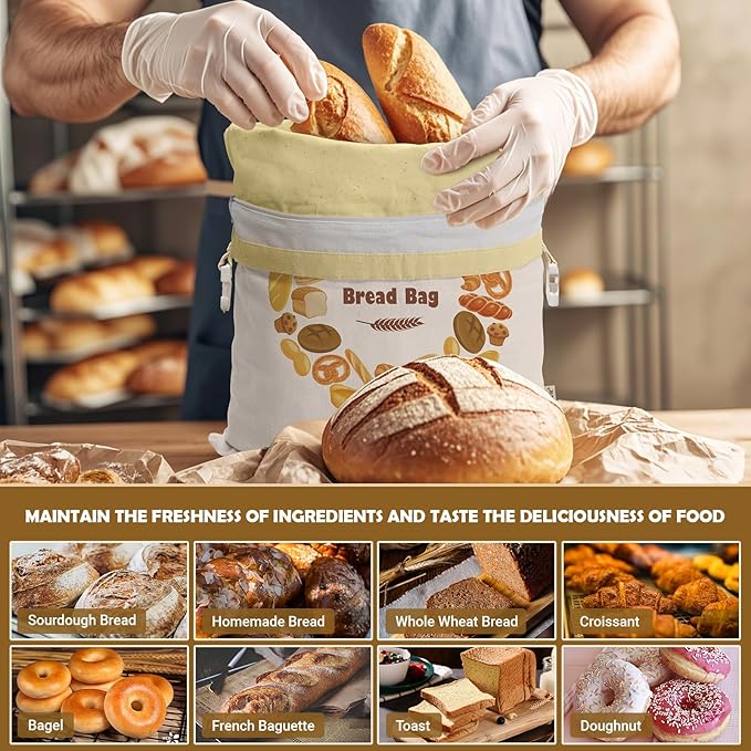 Large Linen Beeswax Bread Bags(2 Pack) Sourdough Bread Bags Reusable Double-Lock Freezer Baking Container Gift Giving for Homemade,Loaf,Sourdough,Food Storage (Colorful Patterns)