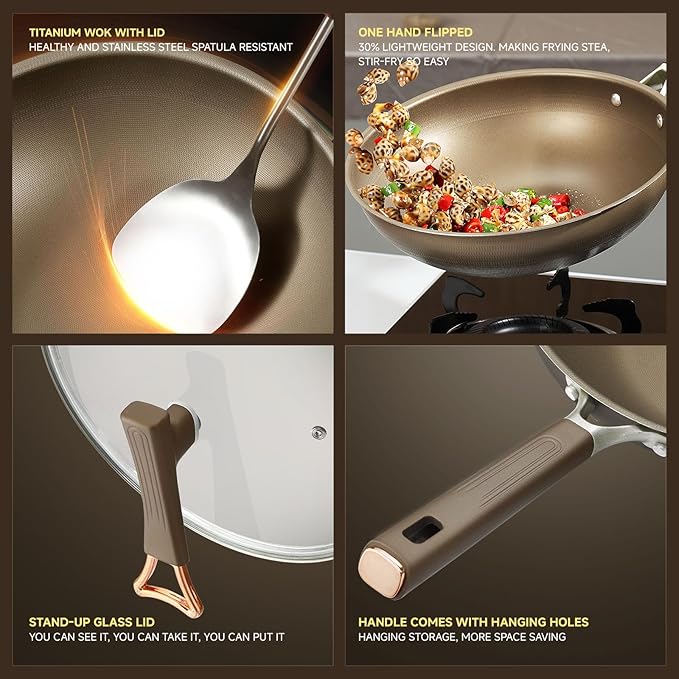 13 Inch Titanium Wok Pan with Lid, Non Stick Frying Pan, Woks & Stir-Fry Pans Nonstick, Flat Bottom Stainless Steel Wok, Titanium Pans Ideal for Induction Stovetop Cooking PFOA&PFAS Free