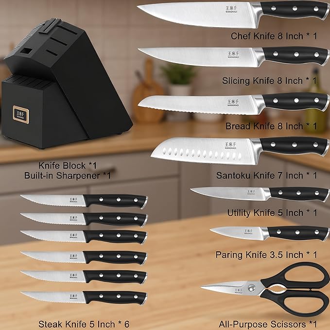 Sharp Knife Set High Carbon Stainless Steel Forged Ergonomic Triple Rivet Handle Sharp Knife Set for Kitchen Hundreds of Years of Masterful Craftsmanship(Black,15PCS)