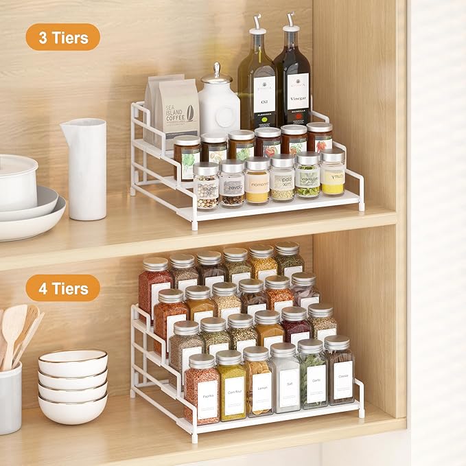4-Tier-Spice-Rack-Organizer-for-Cabinet, Adjustable Depth Spice Holder Shelf For Countertop Pantry Cupboard, Metal Tiered Seasoning Organizer,Display Shelf Riser (White-2 Pack)