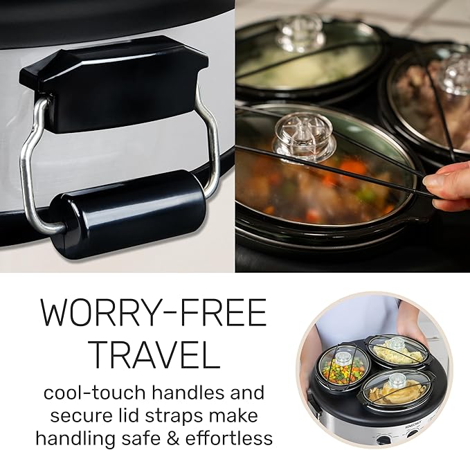 HomeCraft HCRTSCO15SS Triple Round Oval 1.5 Quart Stainless Steel Cooker Buffet with Adjustable Temperature Control, Removable Lids & Spoon Rests, Perfect for Dinner, Appetizers