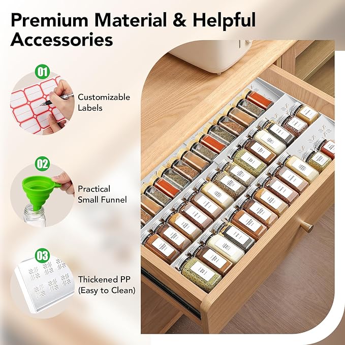 Spice Drawer Organizer 3-Tier Expandable (11"-22" Wide), Spice Rack for Cabinet with Funnel & Spice Labels, Fits Large Jars, Seasoning Storage Insert Design for Cabinet & Drawer (White)