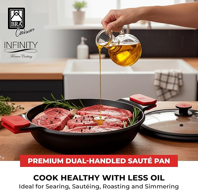 BRA COOKWARE Infinity Dual-Handled Sauté Pan w/Glass Lid | 11-Inch 2.95-Quart Shallow Stock Pot | Nonstick Cast Aluminum Everyday Chef Pan | PFAS Free Rondeau Pot | All Cooktops incl. Induction