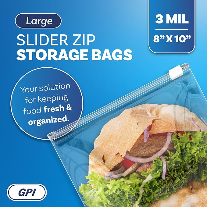 1000 Count - Slider Zip Food Storage Bags, 8" x 10" (1/2 Gallon) 3 Mil Heavy Duty, Strong & Durable For Freezer Storage, For Sandwiches, Snacks & More. GPI