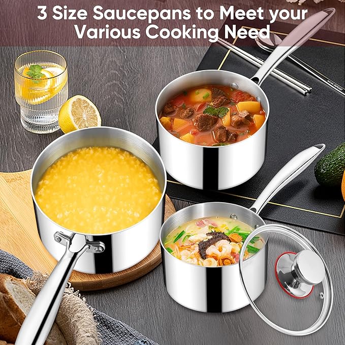 Saucepan Set of 6, Homikit 1QT & 2QT & 3QT 18/10 Stainless Steel Sauce Pans with Lids, Nonstick Tri-Ply Bottom Induction Compatible Small Cooking Pot kitchen Cookware Set, Dishwasher & Oven Safe