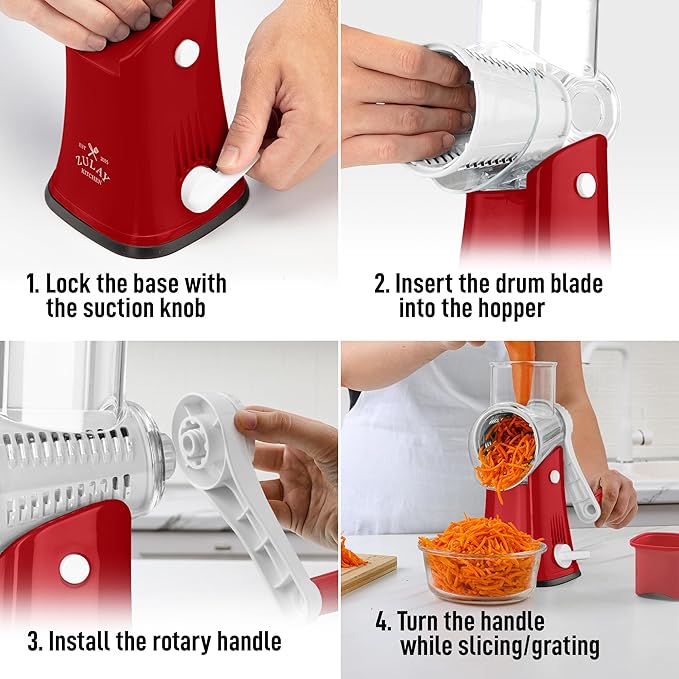 Zulay Kitchen Rotary Cheese Grater 5 Blade Cheese Shredder - Manual Hand Crank Cheese Grater With Reinforced Suction & 5 Interchangeable Drums - Easy to Use, Vegetable Chopper Round Mandoline Slicer