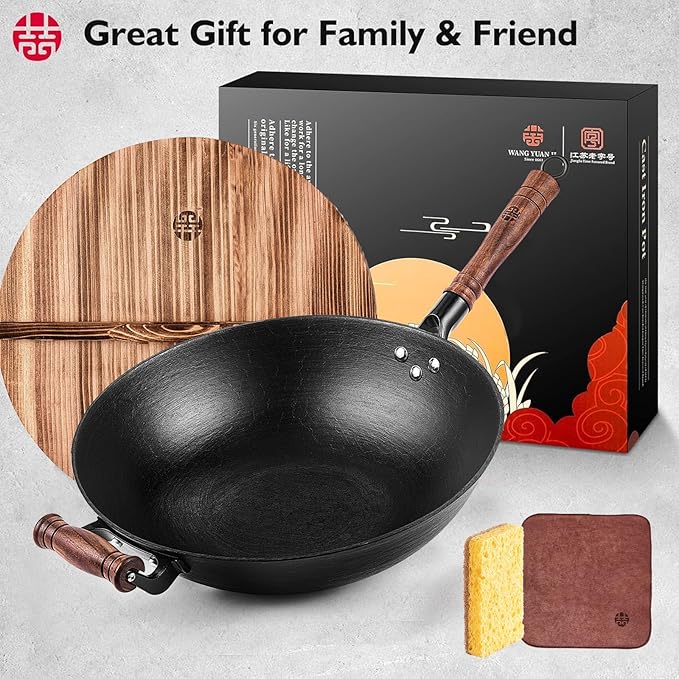 WANGYUANJI Cast Iron Wok Pan 14.2 inch Large Wok Stir Fry Pan Flat Bottom Wok with Lid and Wood Handle, Suitable for All Cooktops, Uncoated Craft Pot Healthy Cooking Pot