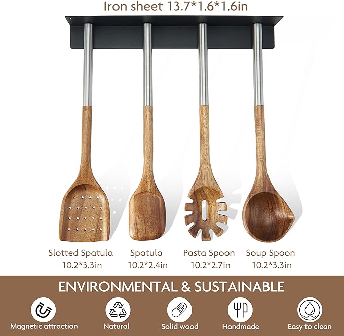 4 PCS Acacia Wood Cooking Utensils Set with Magnetic Hanging Handles Stainless Steel, Heat-Resistant Multi Function Cooking Tools
